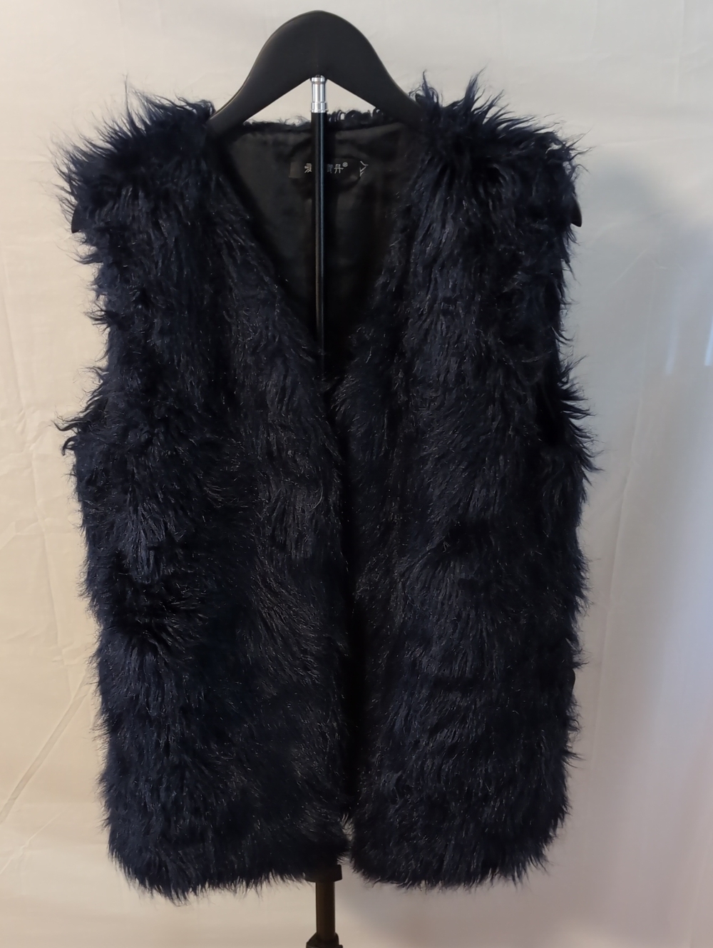 Ai Lu Bao Dan Navy Blue Shaggy Faux Fur Vest Gilet Open Front - Size M/L